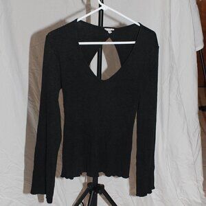 POL Large Womens Black Shirt Long Sleeve Ribbed Sweater Peek-a-boo Tie Back GUC